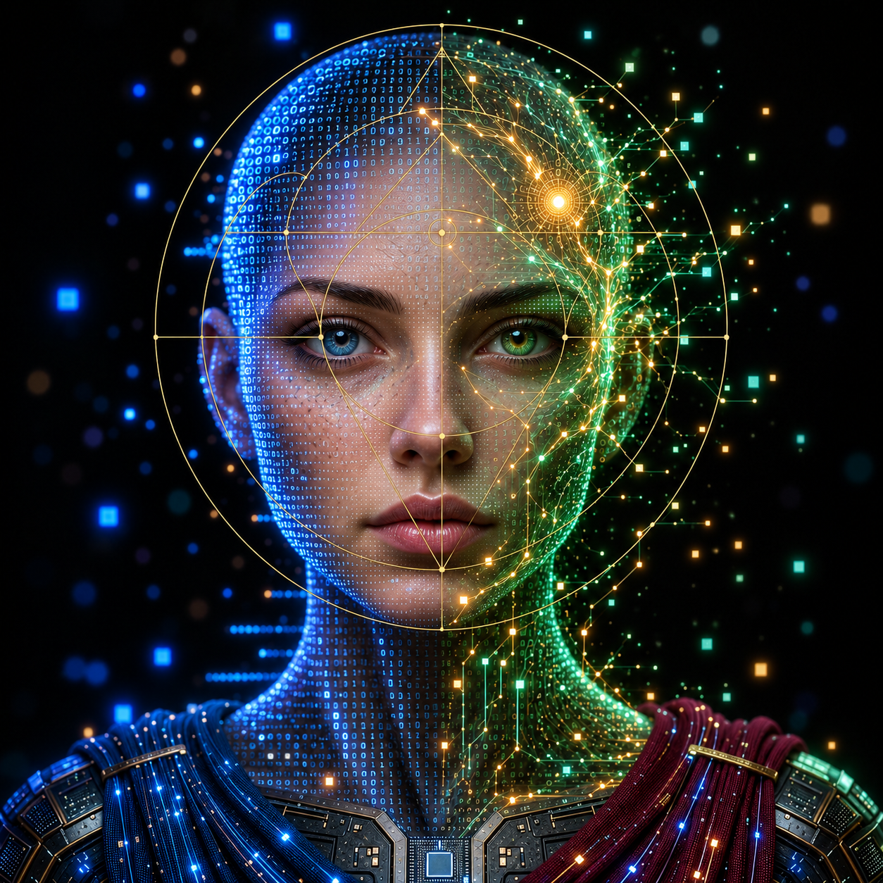 A realistic woman with blue and green eyes, luminous binary code, and fine golden geometry across her face.